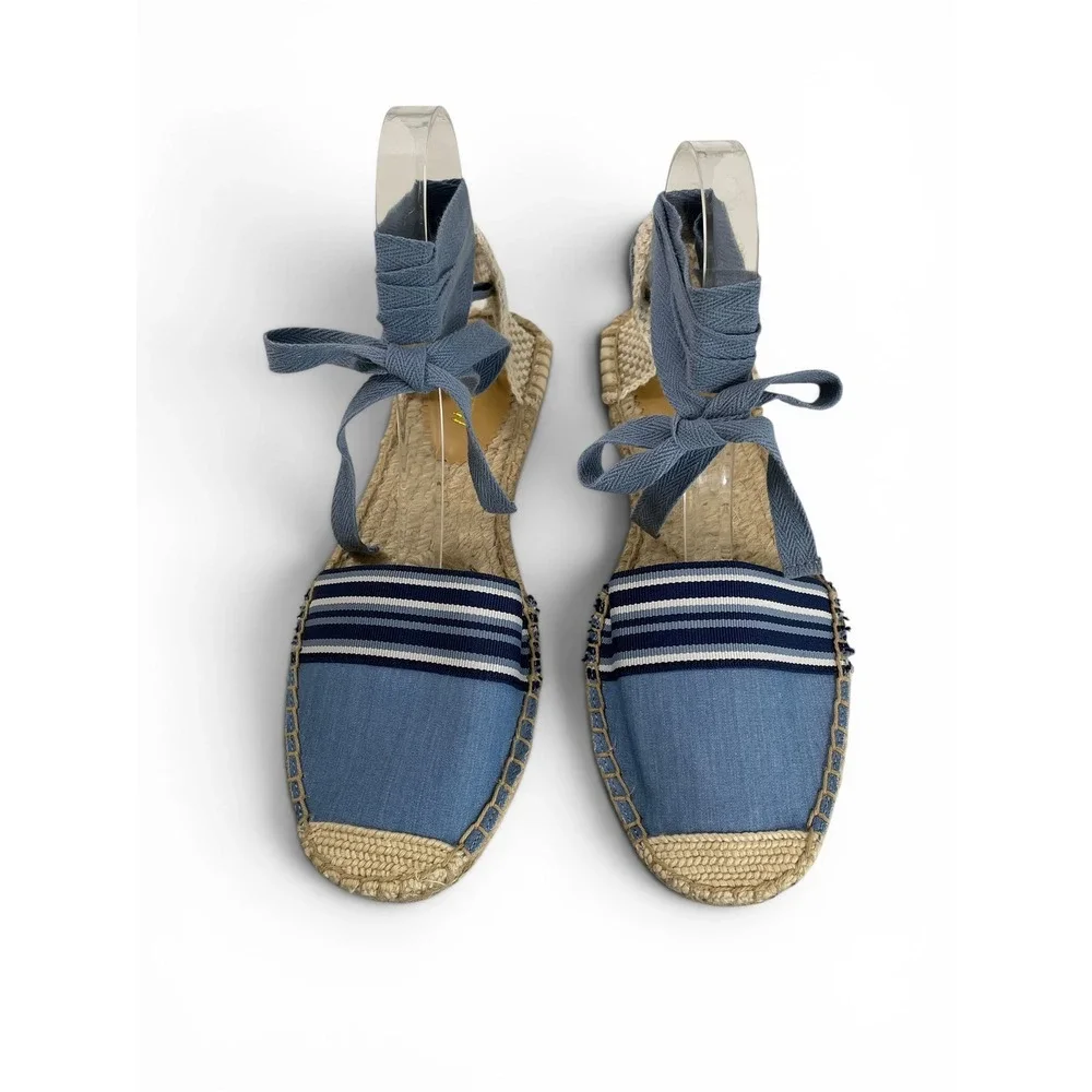 J.Crew Canvas Ankle Tie Espadrille Flats Womens‎ 8 Blue Chambray Stripe NWOB
